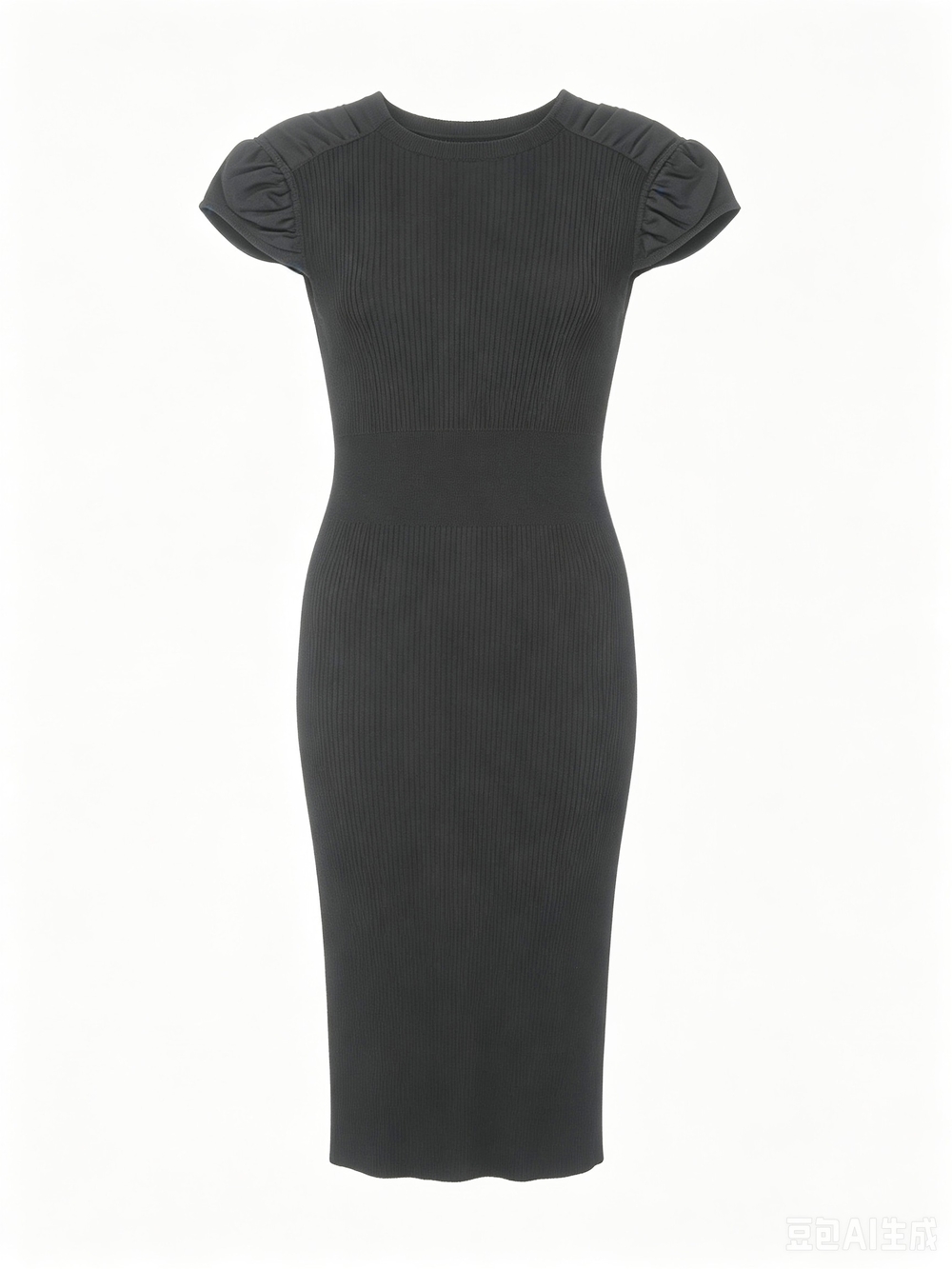 Sacai Black Ribbed Cap-Sleeve Midi Dress